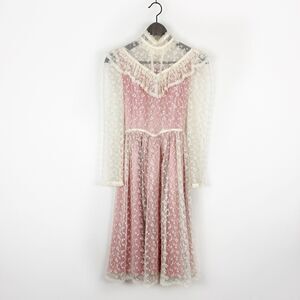 Vintage Jessica McClintock Dress Size Small Pink Ivory Lace Long Sleeve Prairie